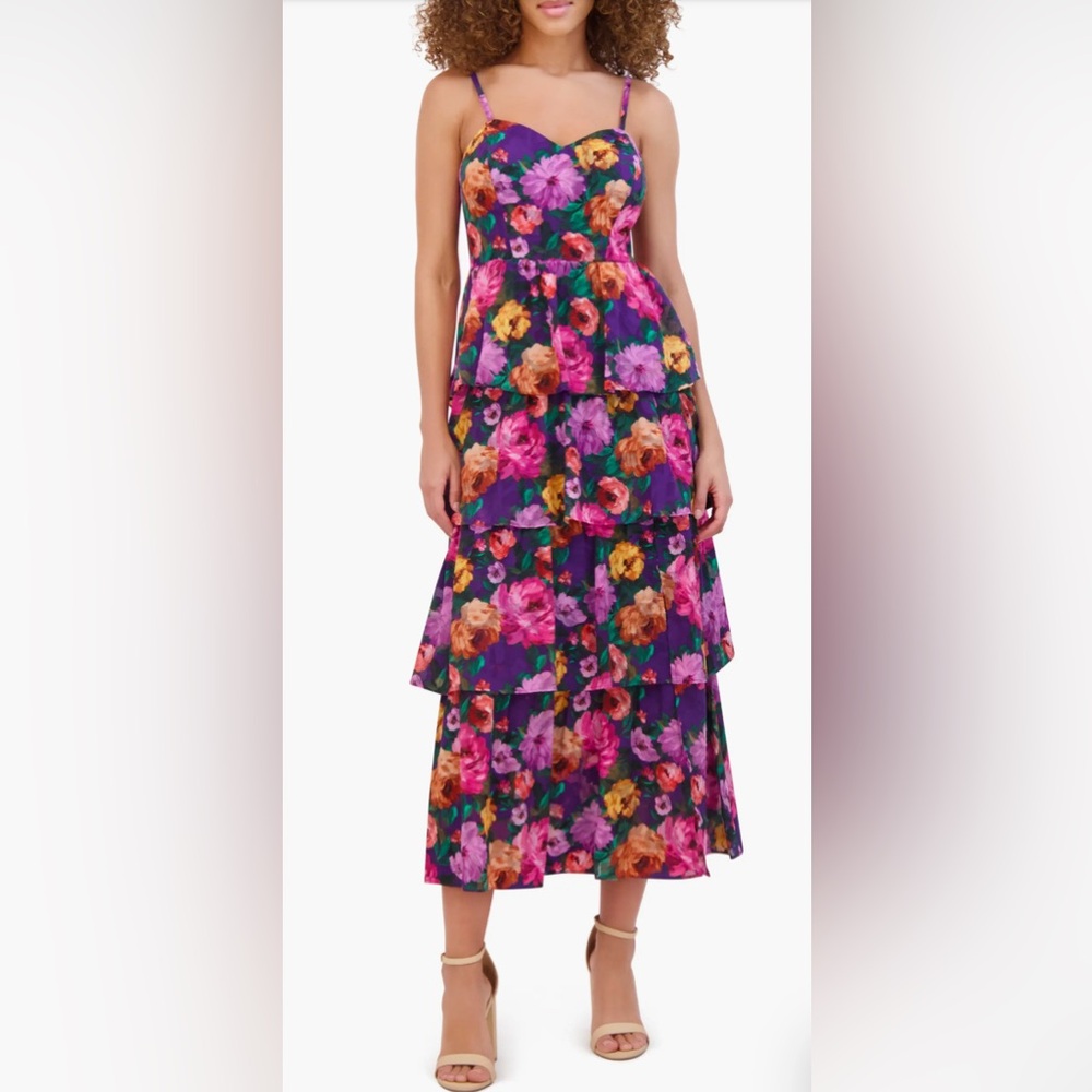 Siena Multi-coloured floral print midi dress with adjustable straps and tiered